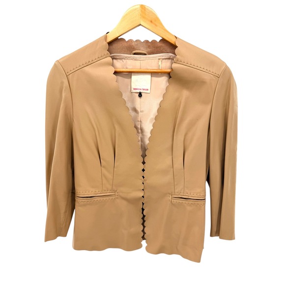 Rebecca Taylor Tan Genuine Leather Scalloped Open Front Jacket Large - Picture 2 of 8